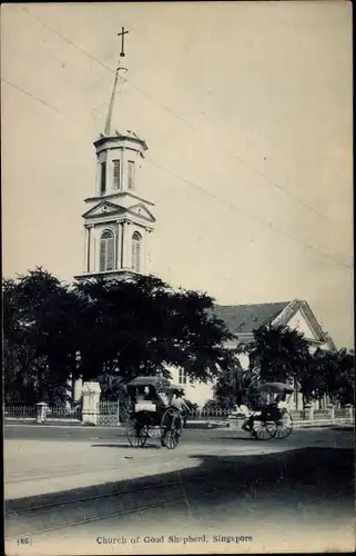 Ak Singapore Singapur, Church of Good Shepherd, Rikschas