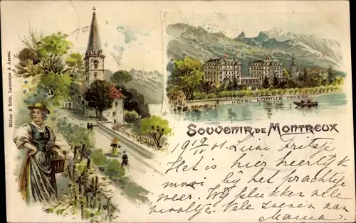 Litho Montreux Kanton Waadt Schweiz, Hotel Lorius, Frau in Tracht