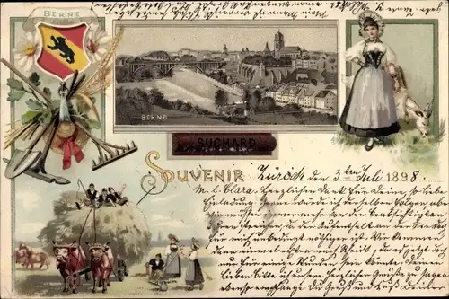 Litho Bern Stadt Schweiz, Stadtpanorama, Frau in Tracht, Heuwagen, Feldarbeiter, Suchard