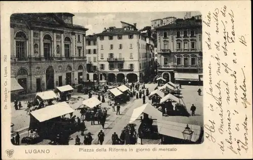 Ak Lugano Kanton Tessin Schweiz, Piazza della Riforma in giorno di mercato