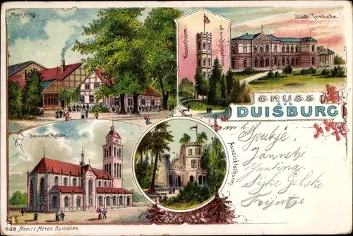 Litho Duisburg im Ruhrgebiet, Monning, Wasserturm, Städt. Tonhalle, Salvatorkirche, Aussichtsturm