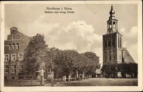 Ak Nordhorn in der Grafschaft Bentheim, Rathaus, ev. Kirche