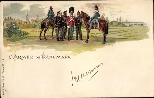 Litho L'Armée de Dänemark, Danische Soldaten, Waffengattungen