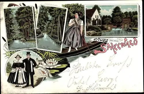 Litho Lübbenau im Spreewald, Kanowmühle, Kanowmühlenflies, Dolzkeflies, Spreewälderin