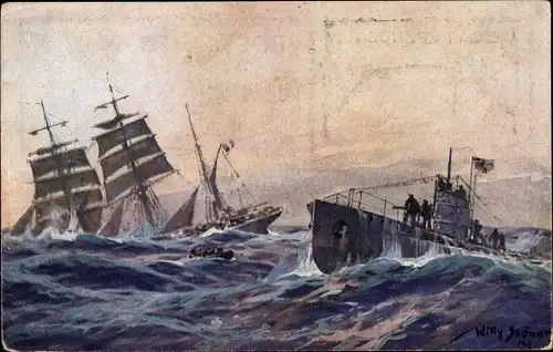 Künstler Ak Stöwer, Willy, Deutsches U Boot versenkt französische Bark im Atlantik, I. WK