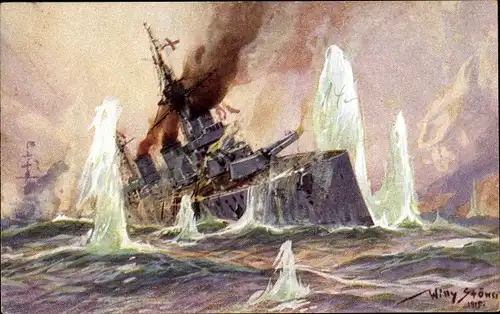Künstler Ak Stöwer, Willy, Seegefecht Nordsee 1915, Englischer Schlachtkreuzer, deutsche Kreuzer