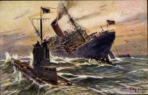 Künstler Ak Stöwer, Willy, Vernichtung eines englischen Handelsdampfers durch ein deutsches U-Boot