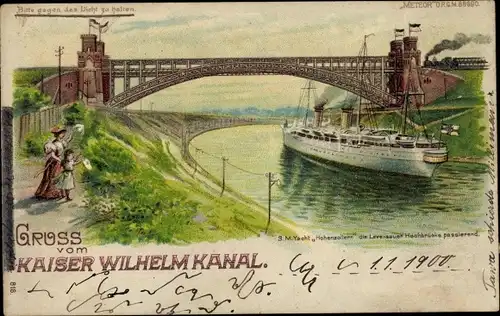 Halt gegen das Licht Litho Levensauer Hochbrücke, Kaiser Wilhelm Kanal, SM Yacht Hohenzollern