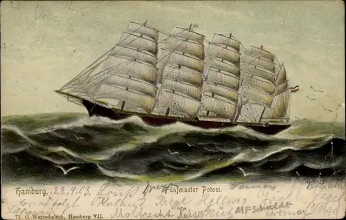 Ak Segelschiff, Fünfmaster Potosi auf See, Hamburg