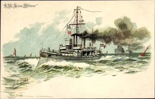 Künstler Litho Siehl, J.G., Deutsches Kriegsschiff, SMS Meteor, Aviso