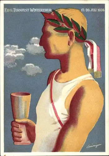 Künstler Ak Winterthur Kt Zürich Schweiz, 61. Eidg. Turnfest 1936, Turner mit Kelch, Siegerkranz