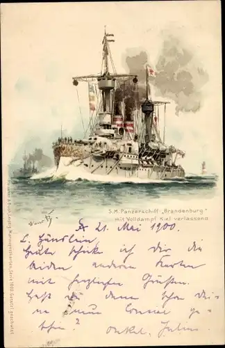Künstler Litho Bohrdt, Hans, Deutsches Kriegsschiff, SMS Brandenburg, Panzerschiff