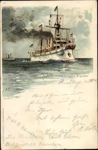 Künstler Litho Deutsches Kriegsschiff, SMS Kaiserin Augusta, Geschützter Kreuzer