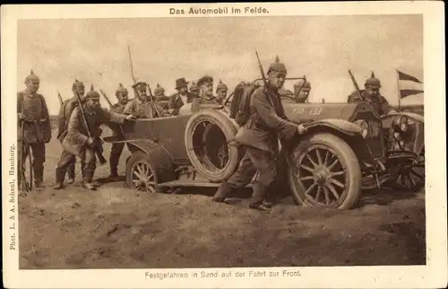 Ak Das Automobil im Felde, Festgefahren in Sand auf der Fahrt zur Front, 1. WK