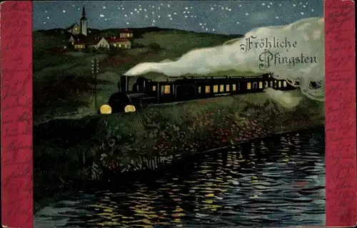 Litho Glückwunsch Pfingsten, Dampflok in voller Fahrt