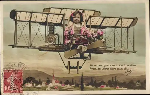 Ak Mädchen in einem Doppeldecker, Fotomontage