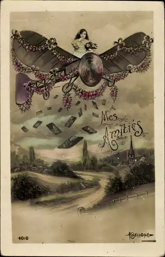 Ak Mes Amities, Mädchen in einem mit Blumen geschmückten Flugzeug, Fotomontage