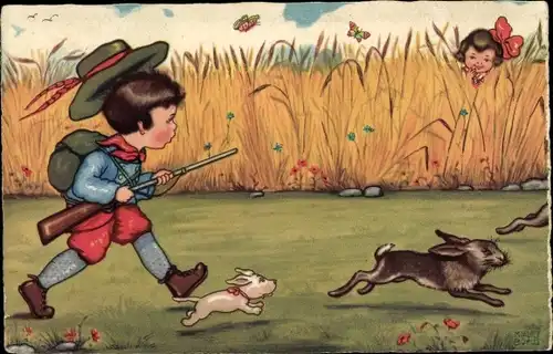Künstler Ak Kind als Jäger, Hasenjagd, Hund, Amag 0318