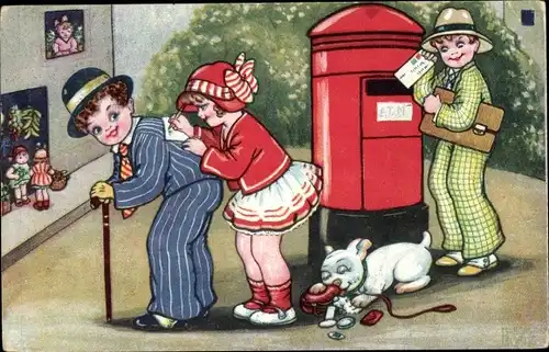 Künstler Ak Boriss, Margret, Briefkasten, Hund durchwühlt Handtasche