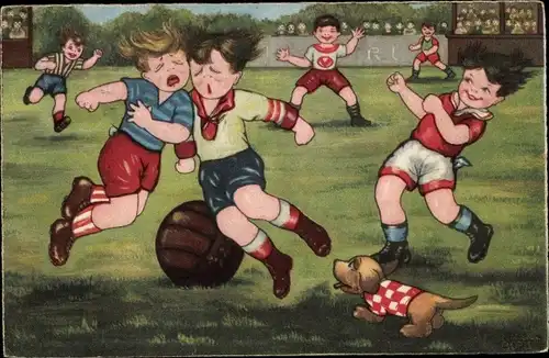 Künstler Ak Boriss, M., Fussballspiel, Zusammenstoß, Hund, Zuschauer