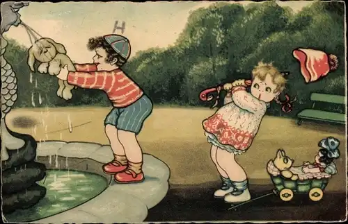 Künstler Ak Boriss, M., Kinder am Brunnen, Junge wäscht seinen Hund, Puppe