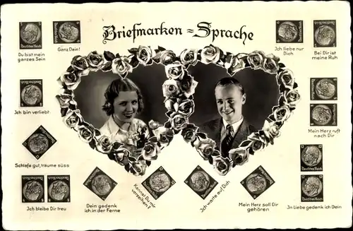 Ak Briefmarkensprache, Frauenportrait, Männerportrait, Herz