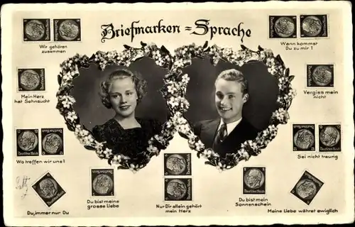 Ak Briefmarkensprache, Liebespaar