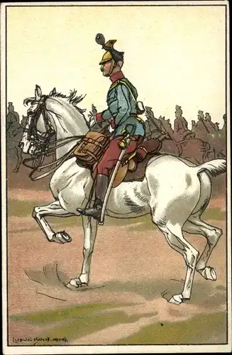 Künstler Ak Soldaten zu Pferde, Kavallerie, Weißes Pferd