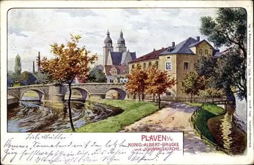 Ak Plauen im Vogtland, König Albert Brücke und Johanniskirche