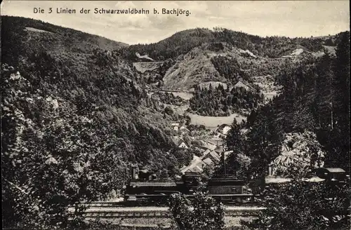 Ak Triberg im Schwarzwald, Die 3 Linien der Schwarzwaldbahn bei Bachjörg, Dampflokomotive in Fahrt