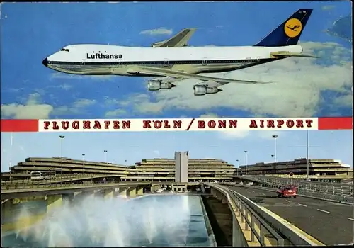 Ak Flughafen Köln Bonn, Lufthansa Passagierflugzeug, Zufahrt zum Flughafen