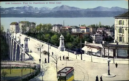 Ak Lausanne Kanton Waadt, Pont de Chanderon et Hotel Cecil, Brücke, Straßenbahn