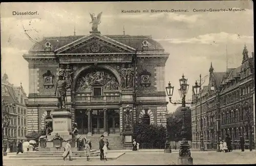 Ak Düsseldorf am Rhein, Kunsthalle mit Bismarck-Denkmal, Central-Gewerbe-Museum