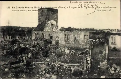 Ak Vaubecourt Meuse, La grande guerre 1914-15, Le quartier de l'Eglise apres les bombardements