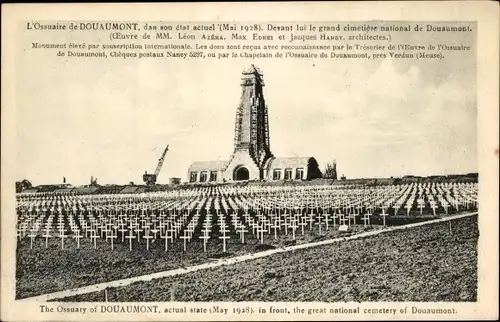 Ak Douaumont Lothringen Meuse, Ossuaire dan son etat actuel 1928, cimetiere