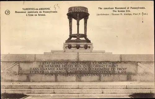 Ak Varennes en Argonne Meuse, Monument Americain de Pennsylvanie, Urne bronze