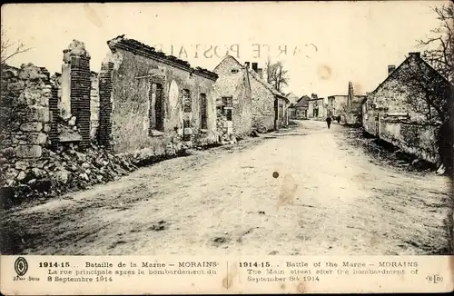 Ak Morains Marne, Bataille, La rue principale apres le bombardement du 8 Septembre 1914