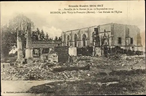 Ak Huiron Marne, pres Vitry-le-Francois, Les Ruines de l'Eglise