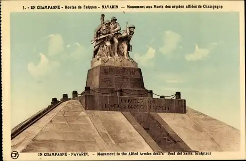 Ak Souain Marne, Routes de Suippes, Monument Navarin, aux Morts des armees alliees de Champagne
