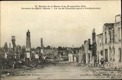 Ak Sermaize les Bains Marne, La rue de Cheminon apres le bombardement