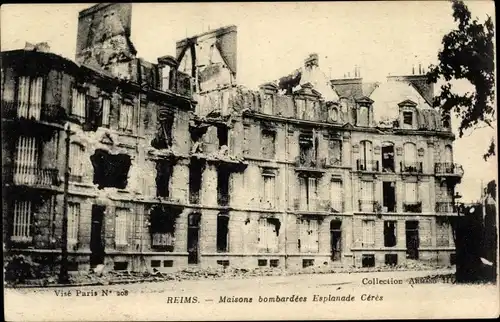 Ak Reims Marne, Maisons bombardees, Esplanade Ceres