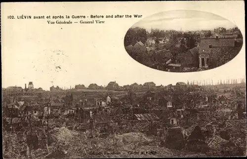 Ak Liévin Pas de Calais, Ortspanorama vor und nach dem Krieg, Kriegszerstörung I. WK, Ruinen