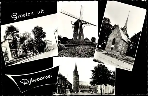 Ak Rijkevorsel Flandern Antwerpen, Windmühle, Kirchen, Straße