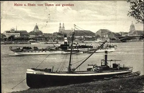 Ak Mainz am Rhein, vom Damm aus gesehen, Dampfer