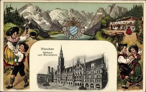 Litho München, Rathaus und Marienplatz, Trachten