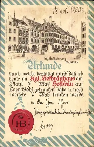 Präge Litho München Bayern, Kgl. Hofbräuhaus, Urkunde über 7 Maß Hofbräu