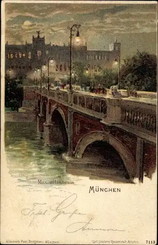 Künstler Litho München Bayern, Maximilianeum, Brücke bei Nacht