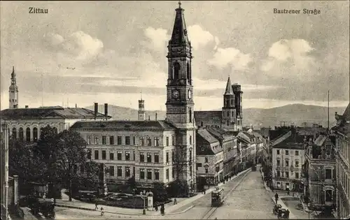 Ak Zittau in Sachsen, Bautzener Straße, Kirche, Straßenbahn