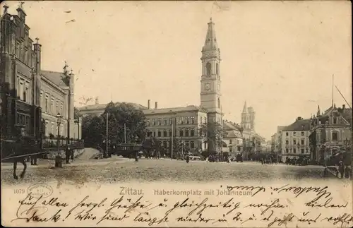 Ak Zittau in Sachsen, Haberkornplatz mit Johanneum, Straßenbahn