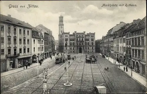 Ak Zittau in Sachsen, Marktplatz mit Rathaus, Straßenbahn, Pferdekutschen